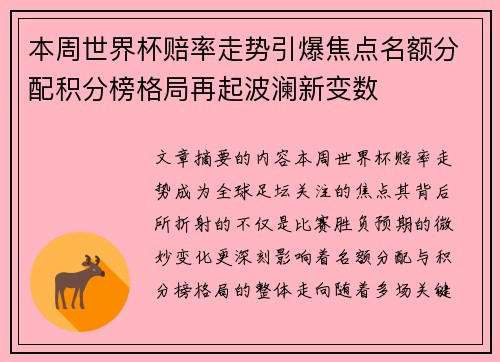 本周世界杯赔率走势引爆焦点名额分配积分榜格局再起波澜新变数